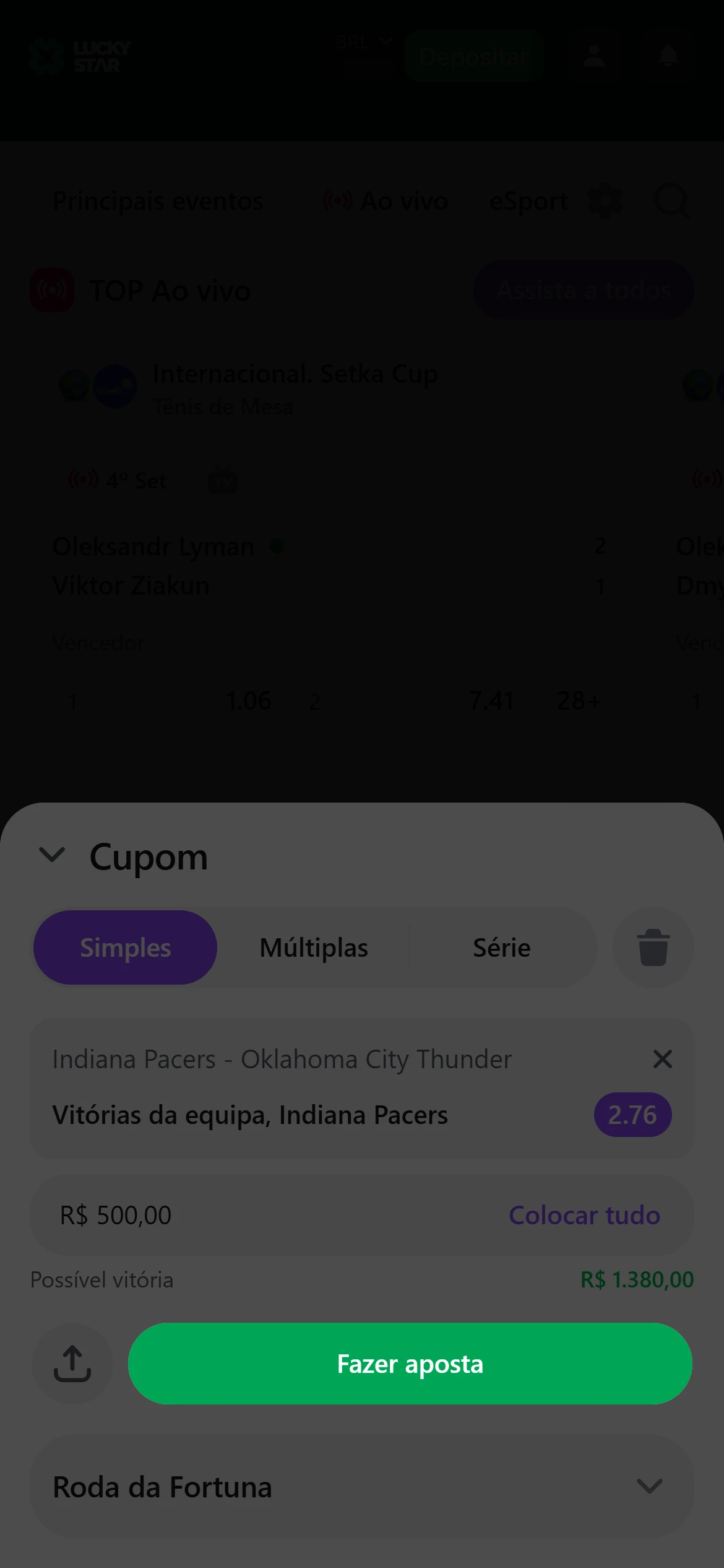 Confirme sua aposta na plataforma Lucky Star.