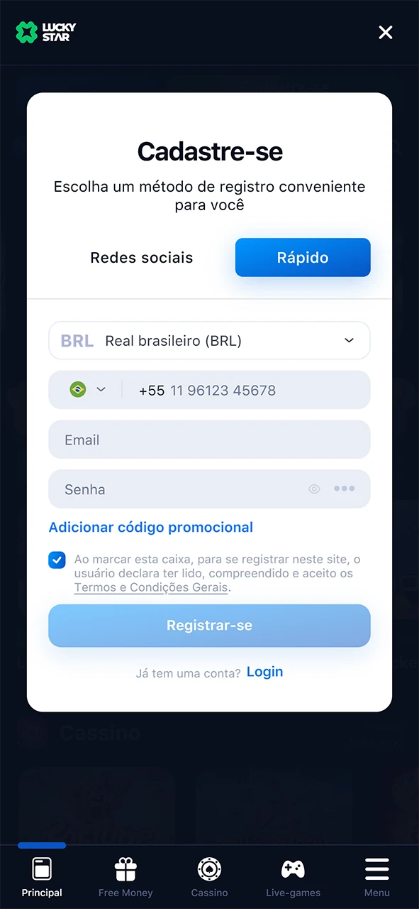 Criar uma conta Lucky Star.