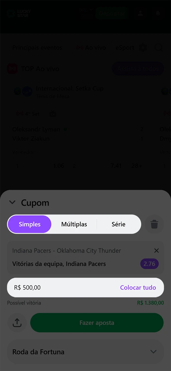 Especifique o tipo e o valor da aposta no Lucky Star.