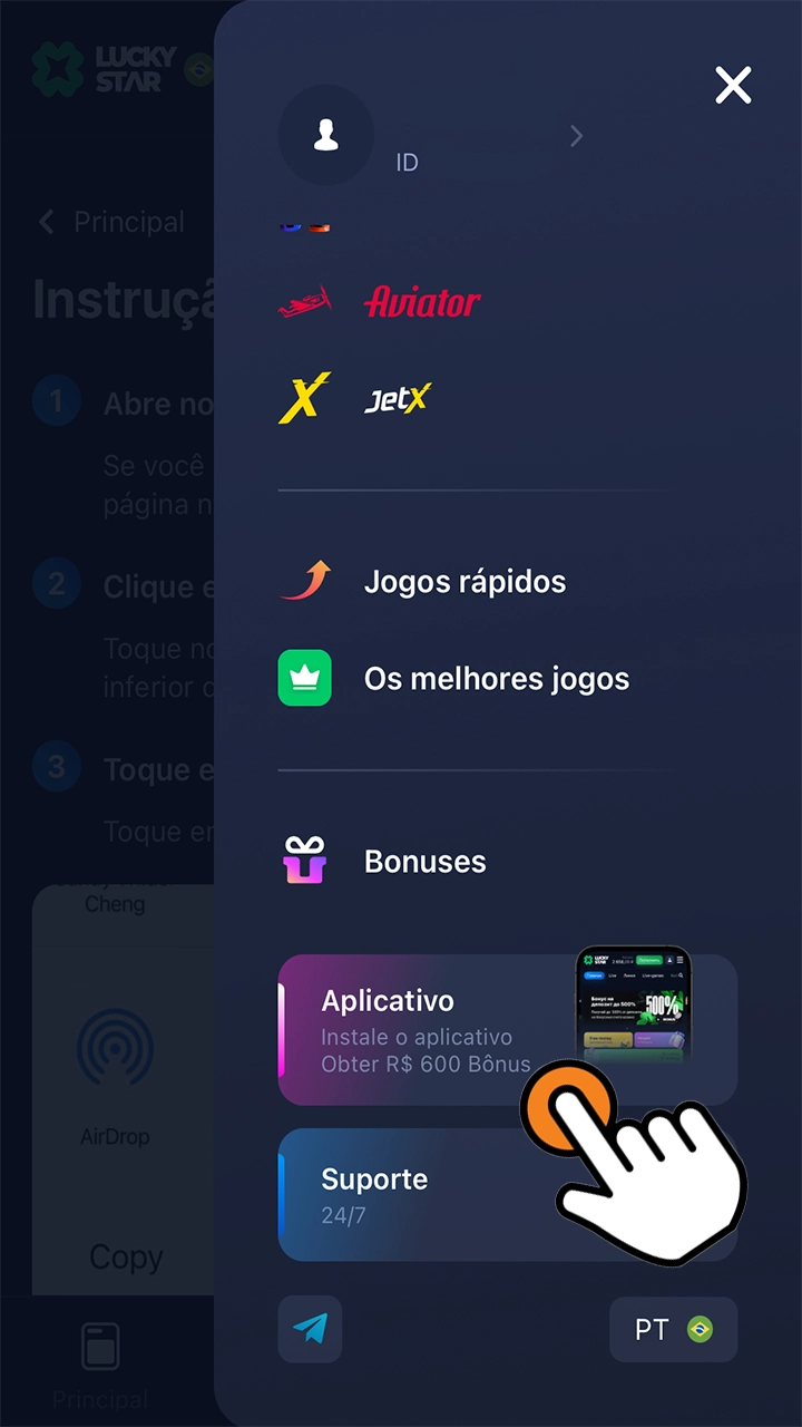 Vá para a seção de aplicativos localizada no menu do Lucky Star Casino.