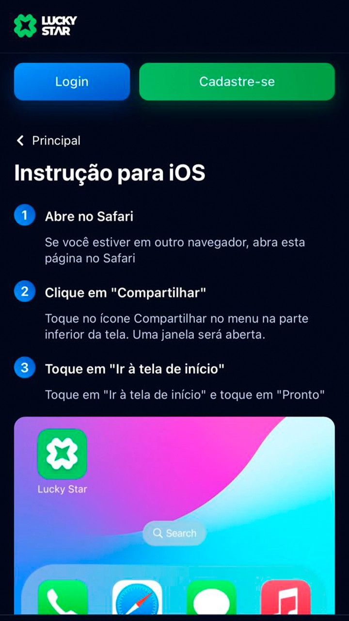 Vá para a seção de aplicativos para instalar o aplicativo Lucky Star para iOS.