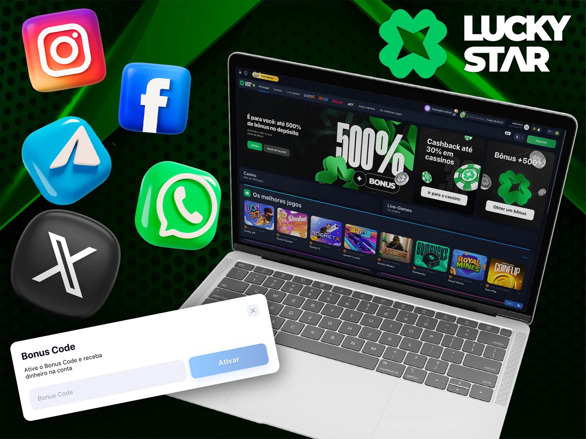 Obtenha códigos de bônus nas contas de mídia social do Lucky Star Casino.