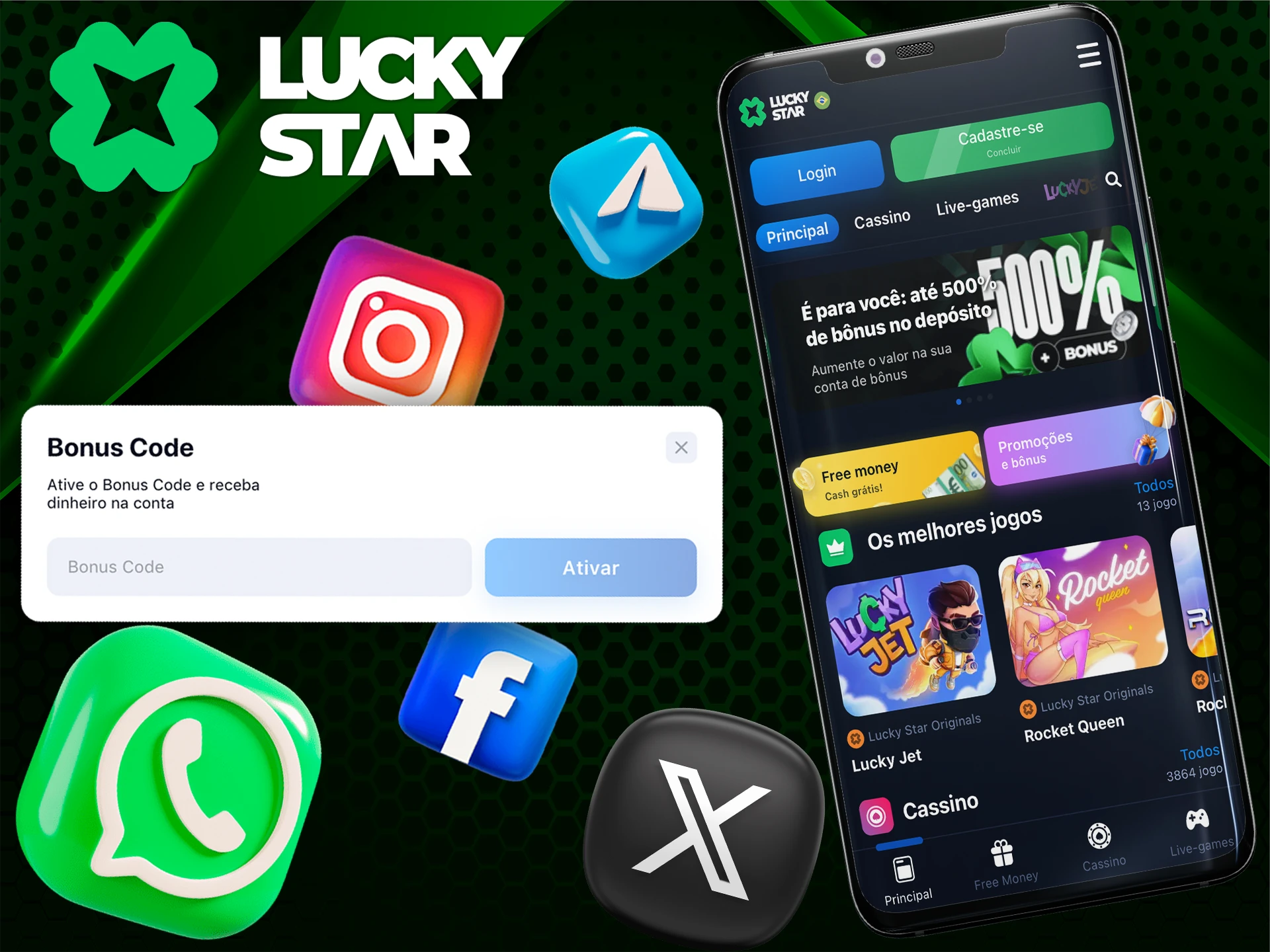 Conecte-se às redes sociais da Lucky Star e receba ofertas favoráveis e suporte.