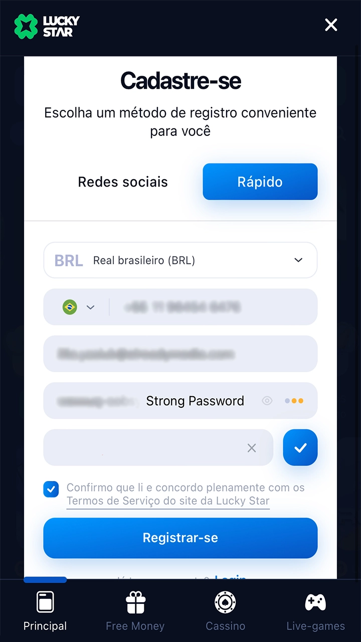 Preencha as informações pessoais necessárias para se registrar na Lucky Star.