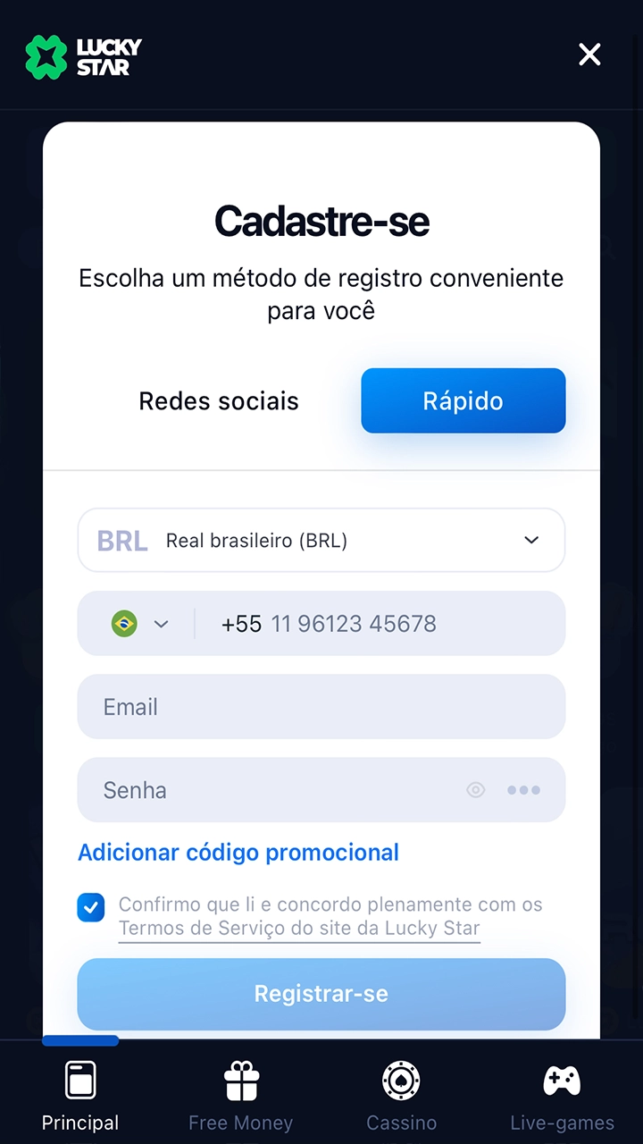 Inicie o processo de registro na Lucky Star.