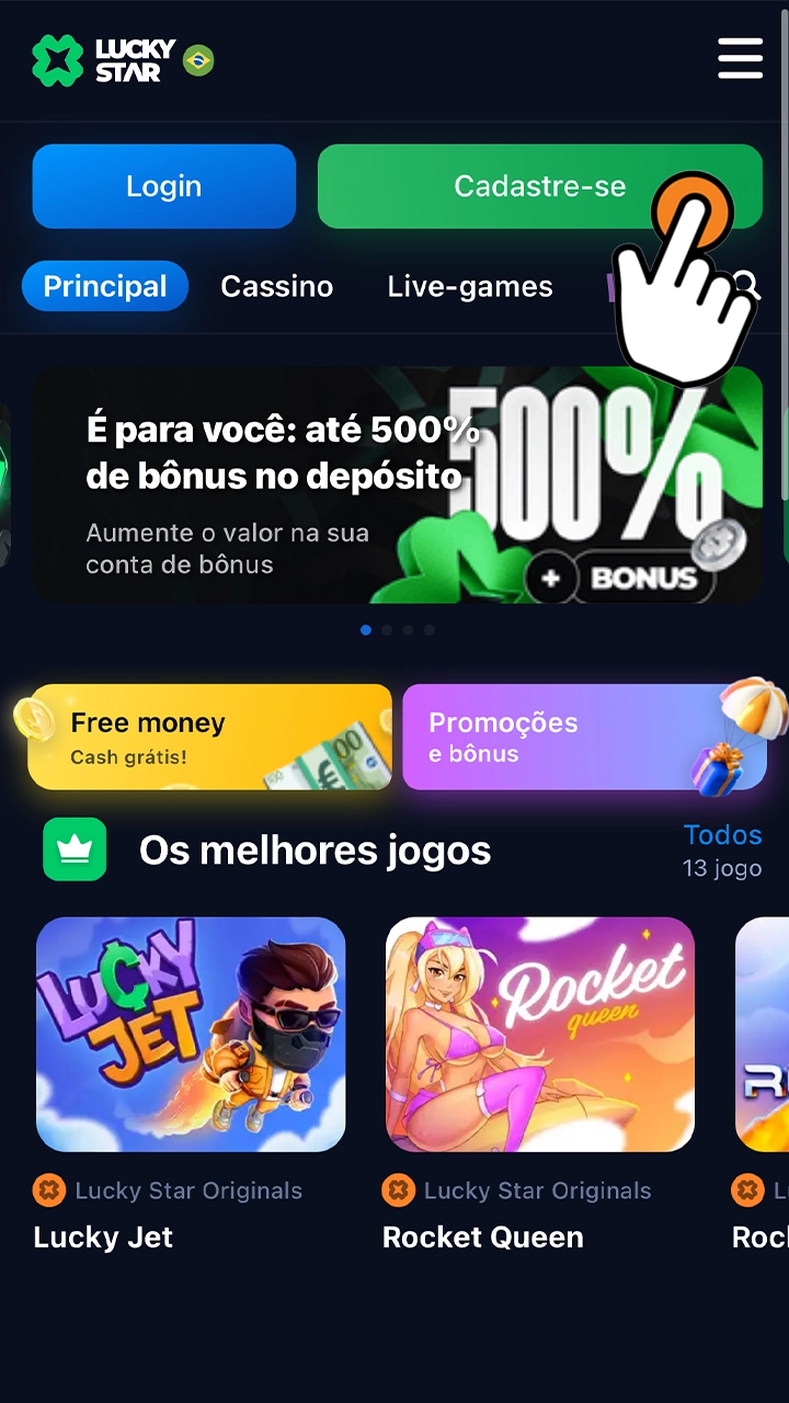 Clique no botão de registro no canto direito do site da Lucky Star.