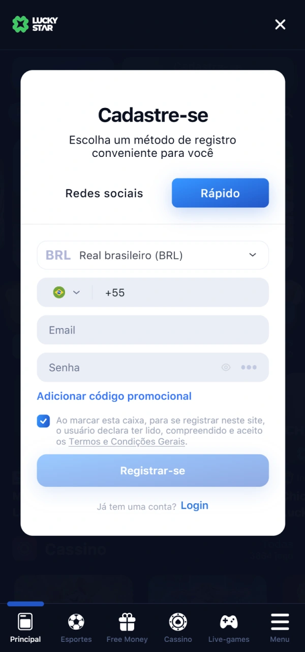 Comece a jogar casino registando-se no Lucky Star Brasil.